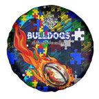 Bulldogs Autism Awareness Spare Tire Cover Puzzle Flames Rugby Ball