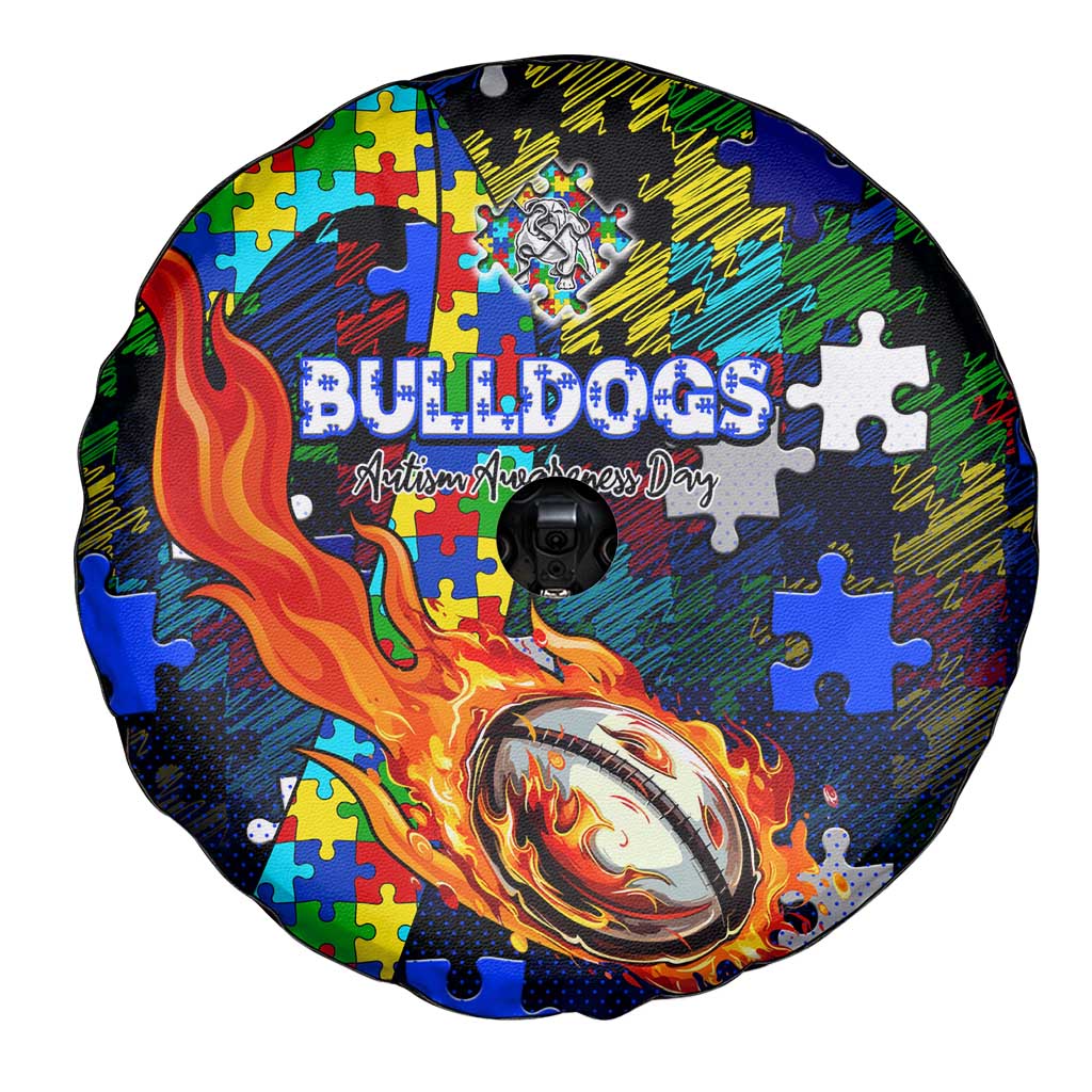 Bulldogs Autism Awareness Spare Tire Cover Puzzle Flames Rugby Ball
