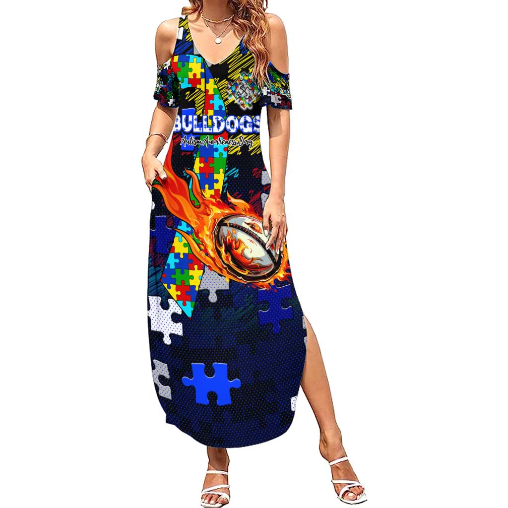 Bulldogs Autism Awareness Summer Maxi Dress Puzzle Flames Rugby Ball