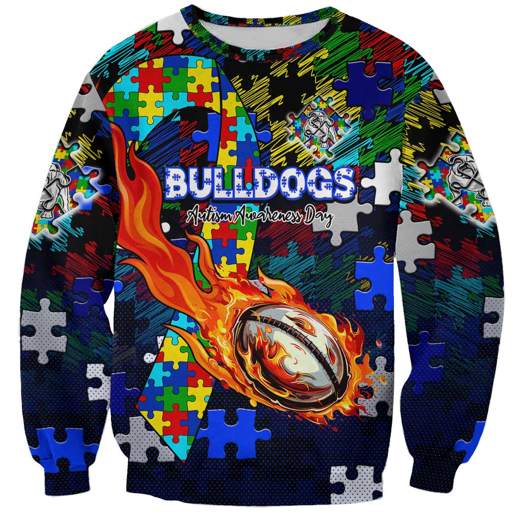 Bulldogs Autism Awareness Sweatshirt Puzzle Flames Rugby Ball