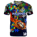 Bulldogs Autism Awareness T Shirt Puzzle Flames Rugby Ball