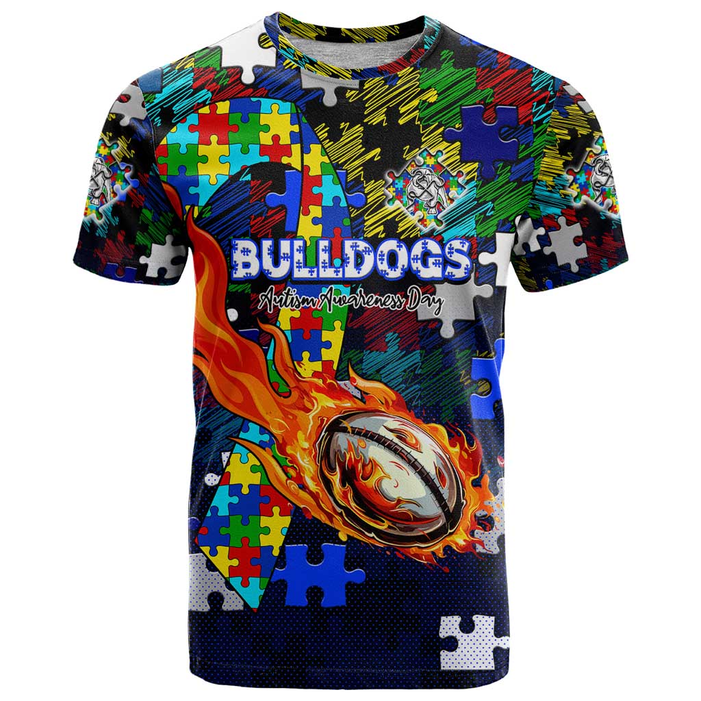 Bulldogs Autism Awareness T Shirt Puzzle Flames Rugby Ball