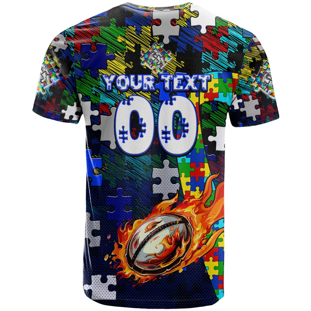 Bulldogs Autism Awareness T Shirt Puzzle Flames Rugby Ball