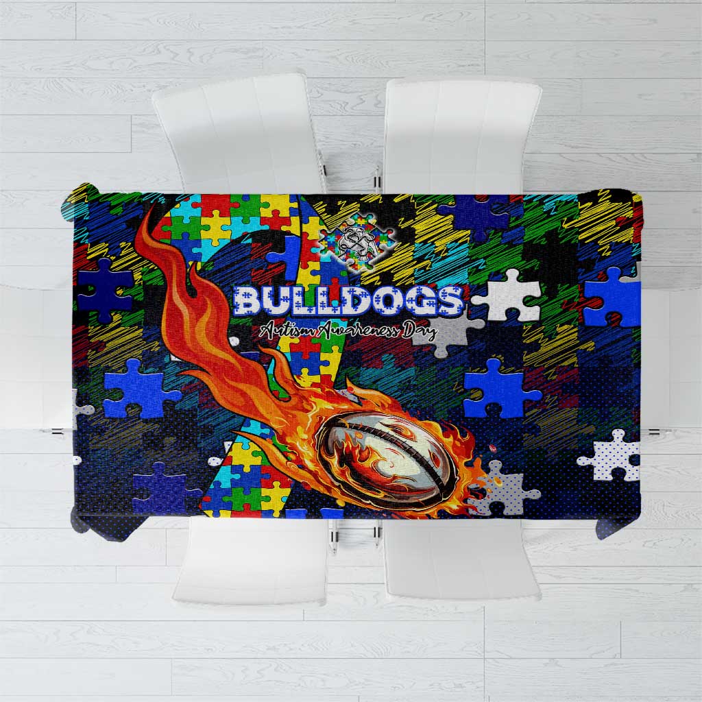 Bulldogs Autism Awareness Tablecloth Puzzle Flames Rugby Ball