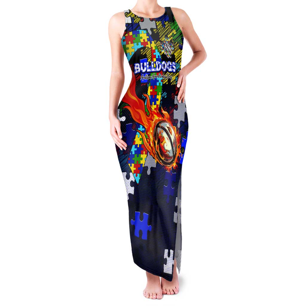 Bulldogs Autism Awareness Tank Maxi Dress Puzzle Flames Rugby Ball