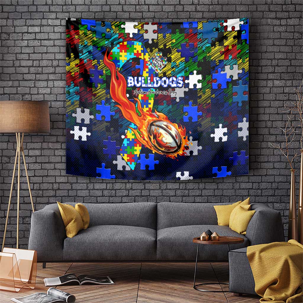 Bulldogs Autism Awareness Tapestry Puzzle Flames Rugby Ball
