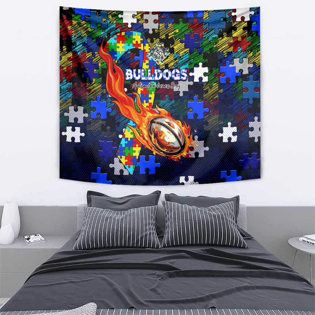 Bulldogs Autism Awareness Tapestry Puzzle Flames Rugby Ball