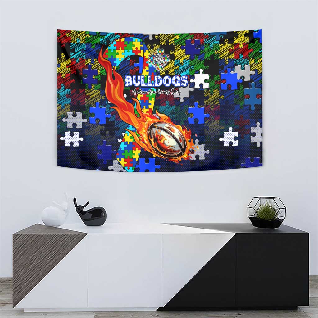 Bulldogs Autism Awareness Tapestry Puzzle Flames Rugby Ball