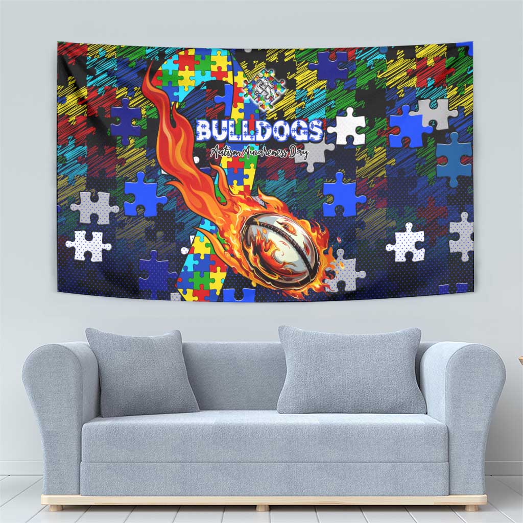 Bulldogs Autism Awareness Tapestry Puzzle Flames Rugby Ball