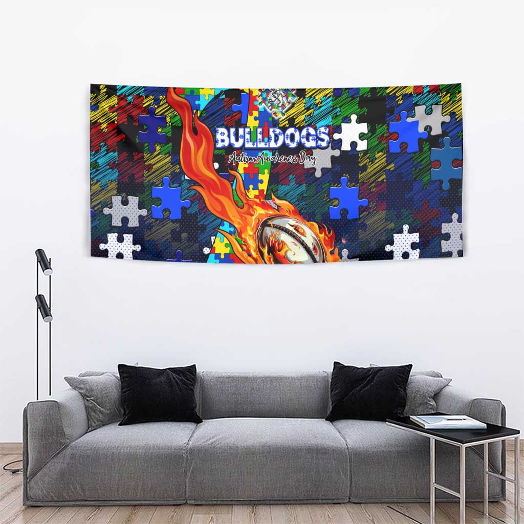 Bulldogs Autism Awareness Tapestry Puzzle Flames Rugby Ball