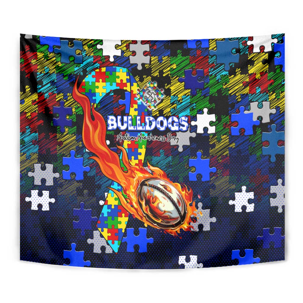 Bulldogs Autism Awareness Tapestry Puzzle Flames Rugby Ball