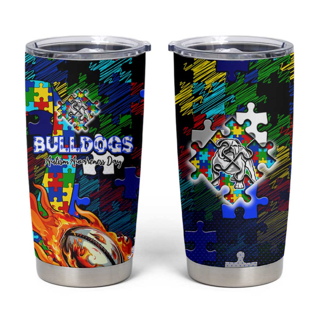 Bulldogs Autism Awareness Tumbler Cup Puzzle Flames Rugby Ball
