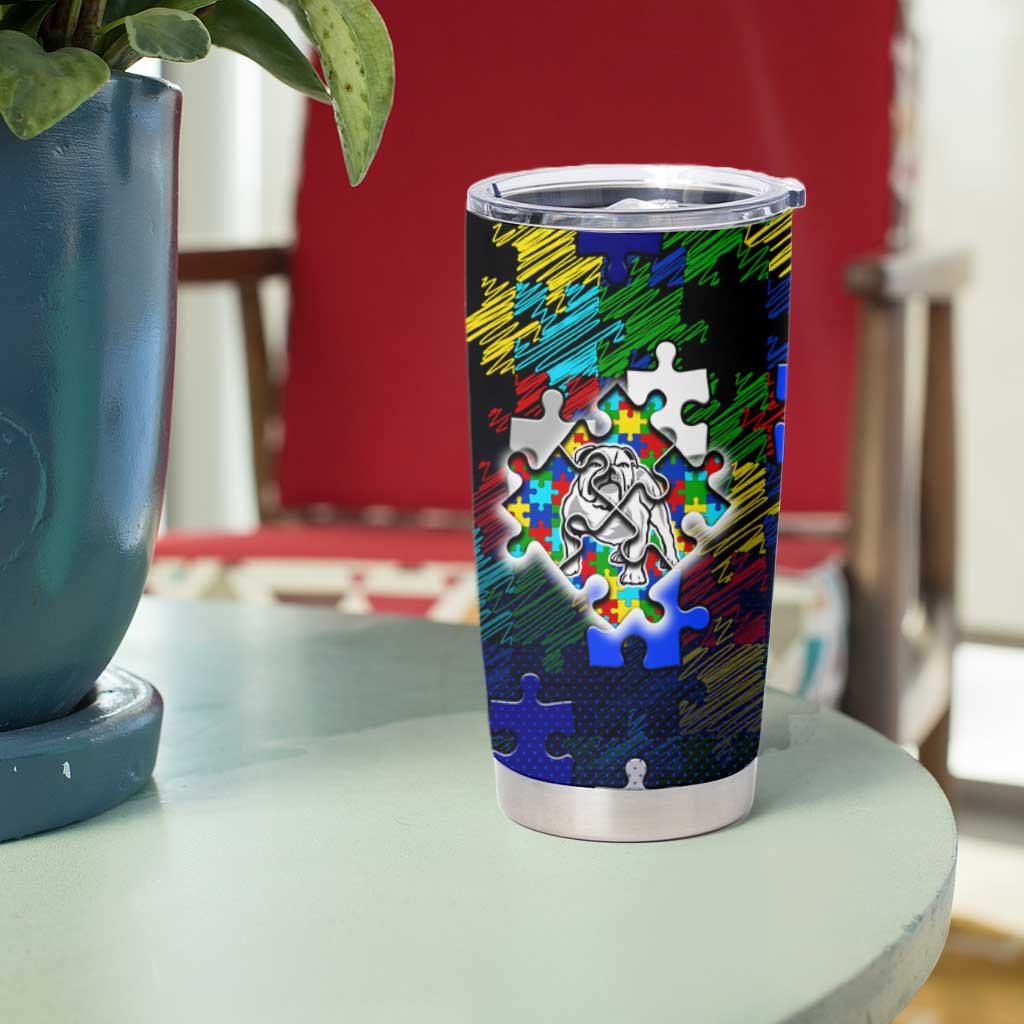 Bulldogs Autism Awareness Tumbler Cup Puzzle Flames Rugby Ball