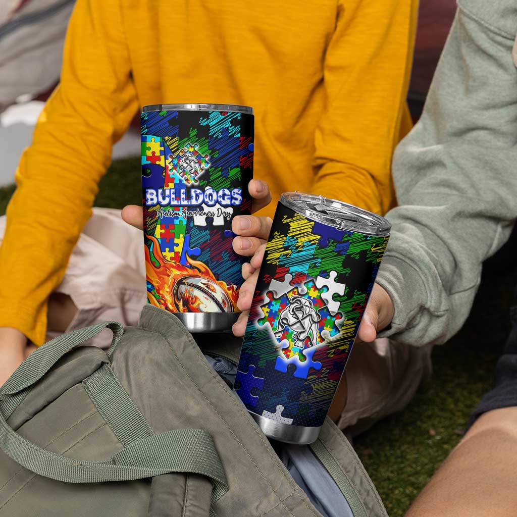Bulldogs Autism Awareness Tumbler Cup Puzzle Flames Rugby Ball