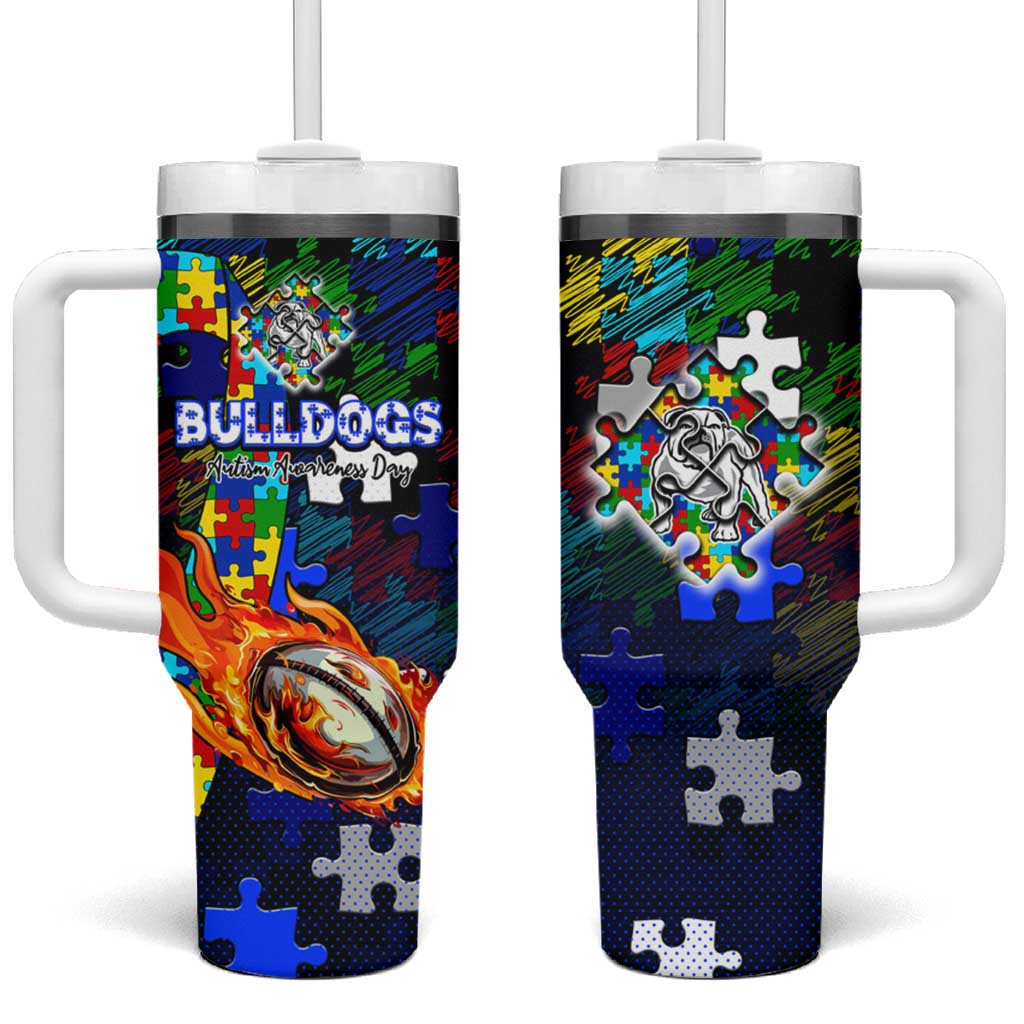 Bulldogs Autism Awareness Tumbler With Handle Puzzle Flames Rugby Ball