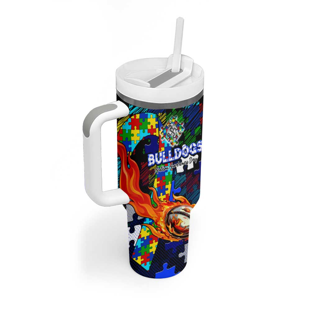 Bulldogs Autism Awareness Tumbler With Handle Puzzle Flames Rugby Ball
