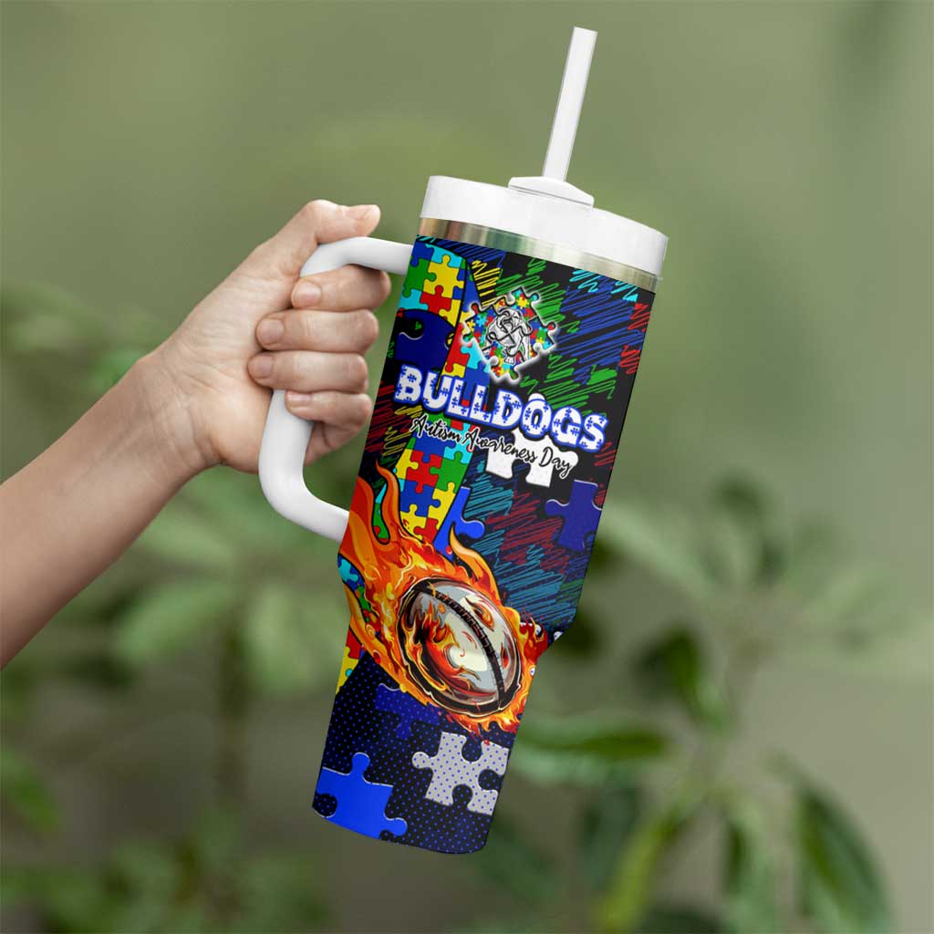 Bulldogs Autism Awareness Tumbler With Handle Puzzle Flames Rugby Ball