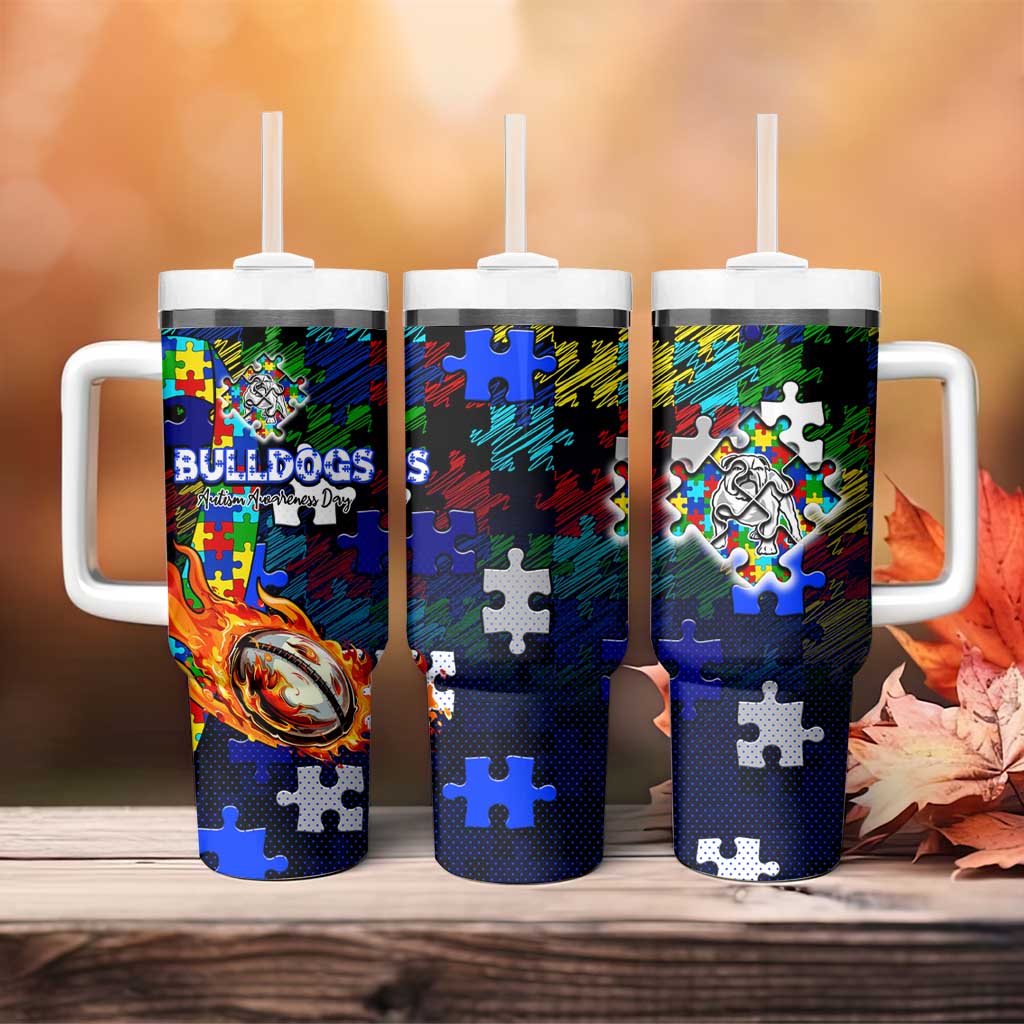Bulldogs Autism Awareness Tumbler With Handle Puzzle Flames Rugby Ball
