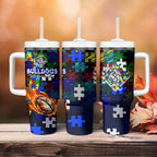 Bulldogs Autism Awareness Tumbler With Handle Puzzle Flames Rugby Ball
