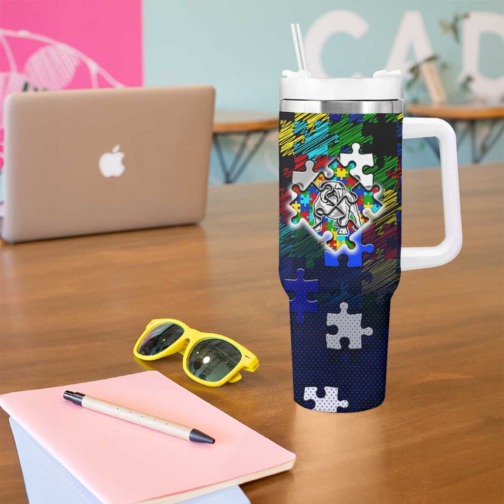 Bulldogs Autism Awareness Tumbler With Handle Puzzle Flames Rugby Ball