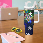 Bulldogs Autism Awareness Tumbler With Handle Puzzle Flames Rugby Ball