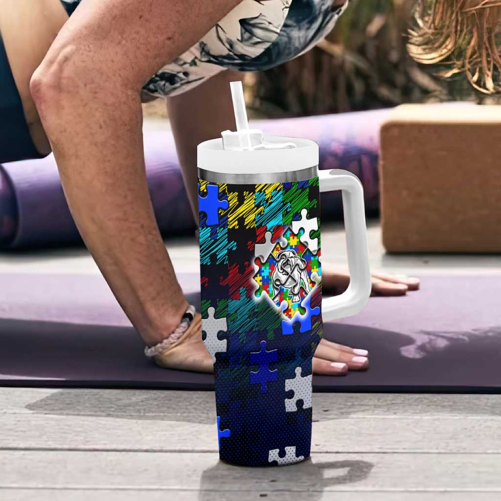 Bulldogs Autism Awareness Tumbler With Handle Puzzle Flames Rugby Ball