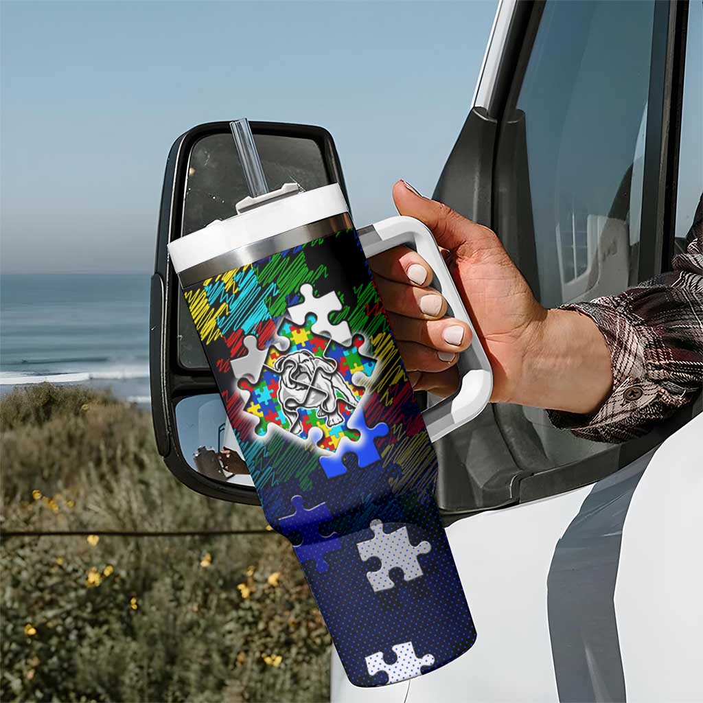 Bulldogs Autism Awareness Tumbler With Handle Puzzle Flames Rugby Ball