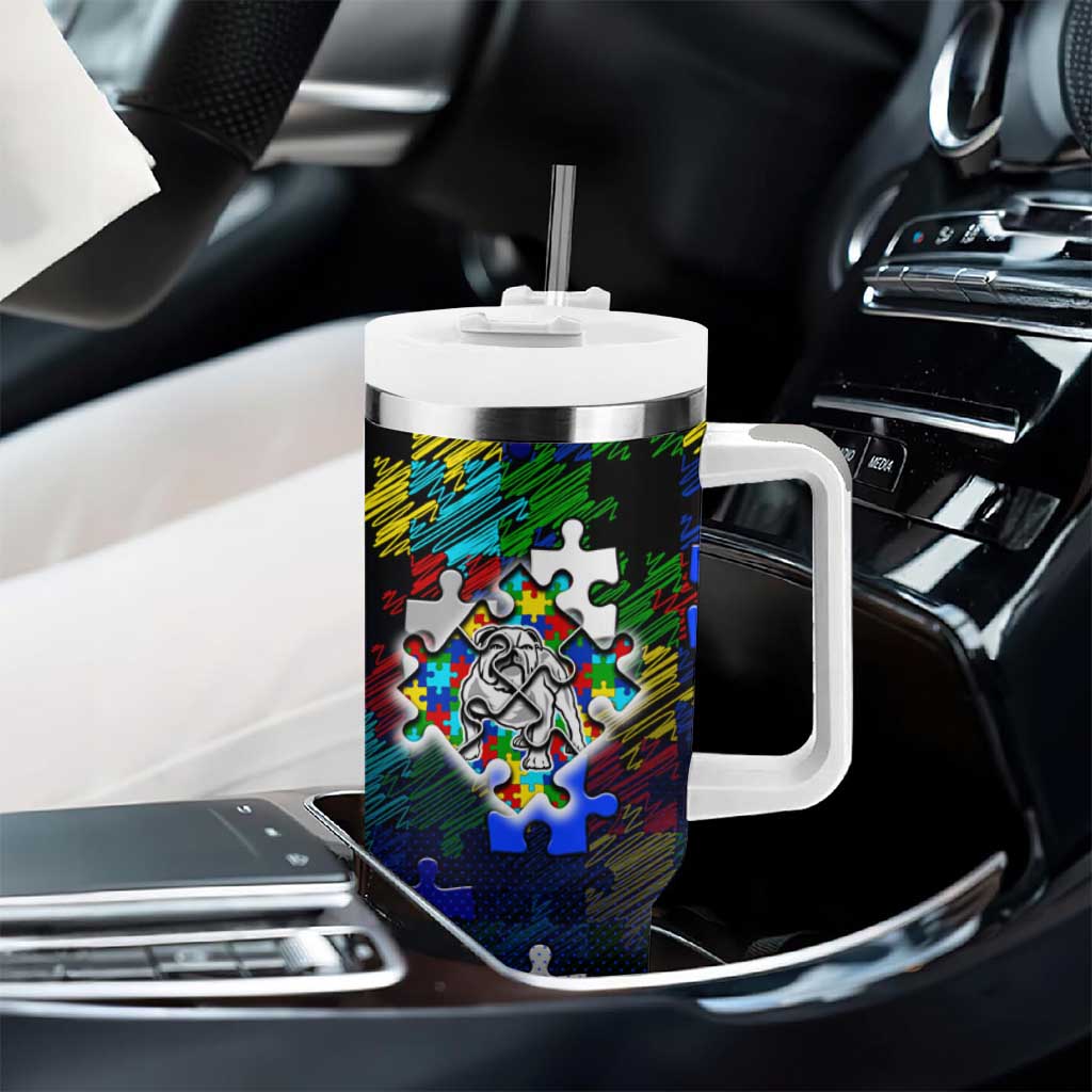 Bulldogs Autism Awareness Tumbler With Handle Puzzle Flames Rugby Ball