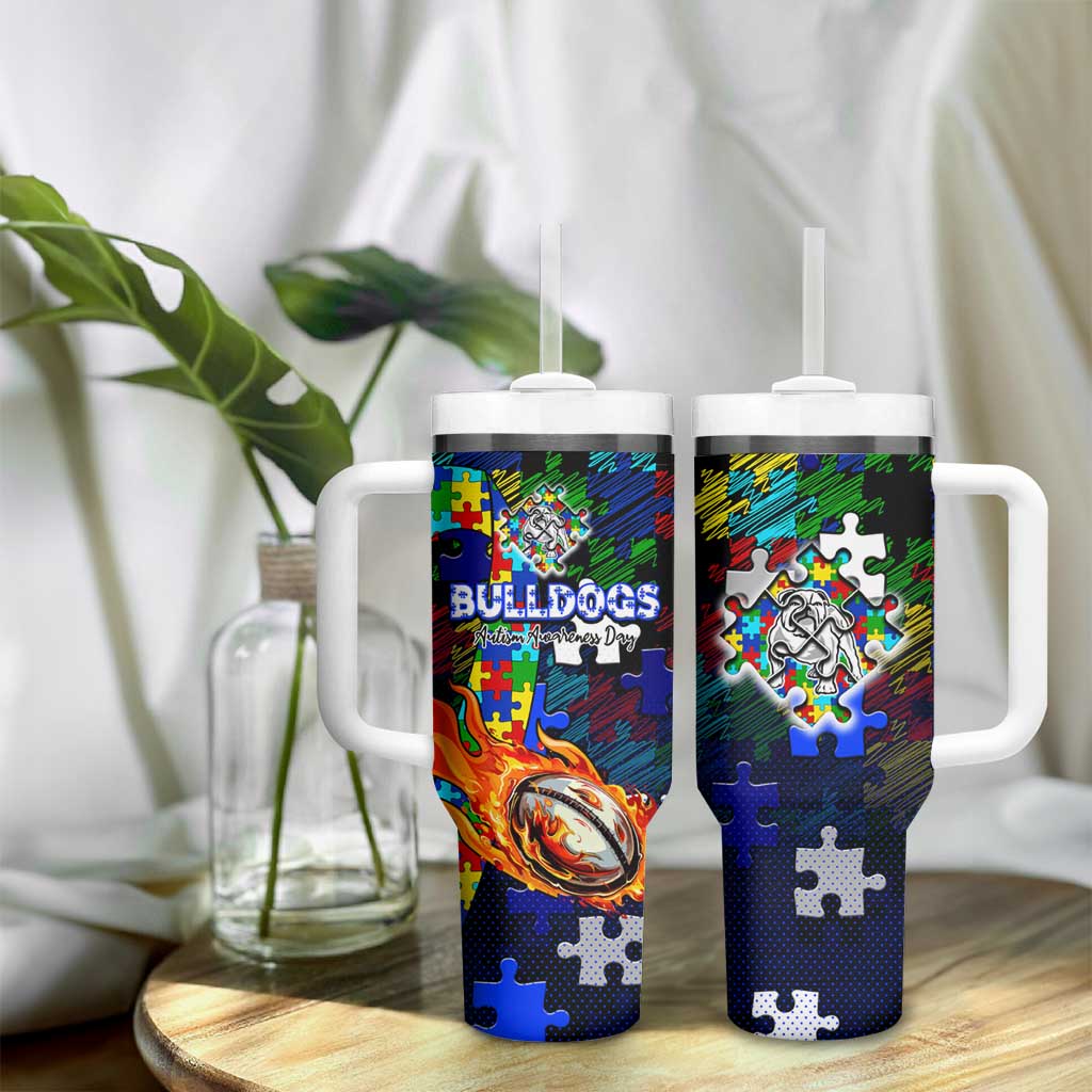 Bulldogs Autism Awareness Tumbler With Handle Puzzle Flames Rugby Ball