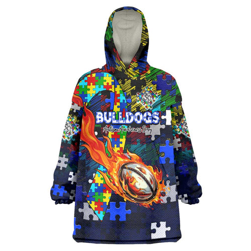 Bulldogs Autism Awareness Wearable Blanket Hoodie Puzzle Flames Rugby Ball