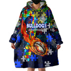Bulldogs Autism Awareness Wearable Blanket Hoodie Puzzle Flames Rugby Ball