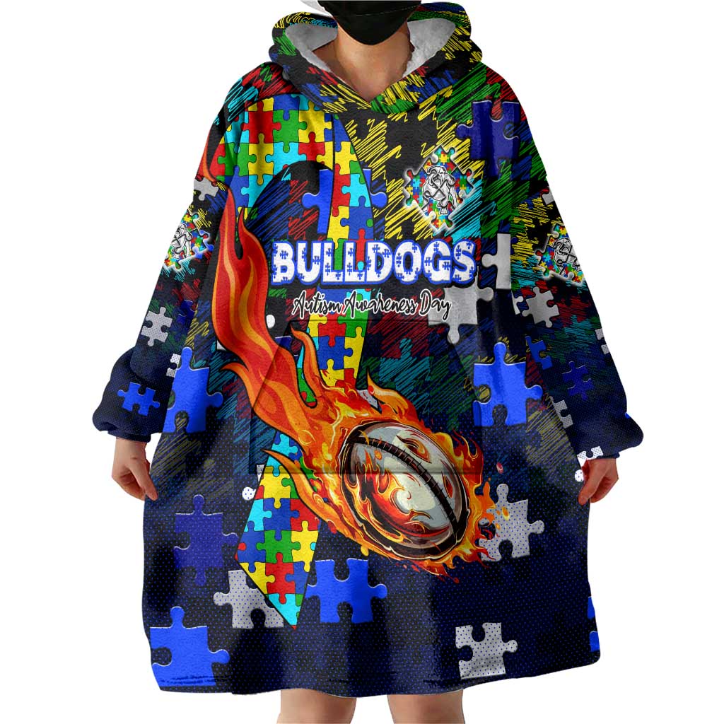 Bulldogs Autism Awareness Wearable Blanket Hoodie Puzzle Flames Rugby Ball
