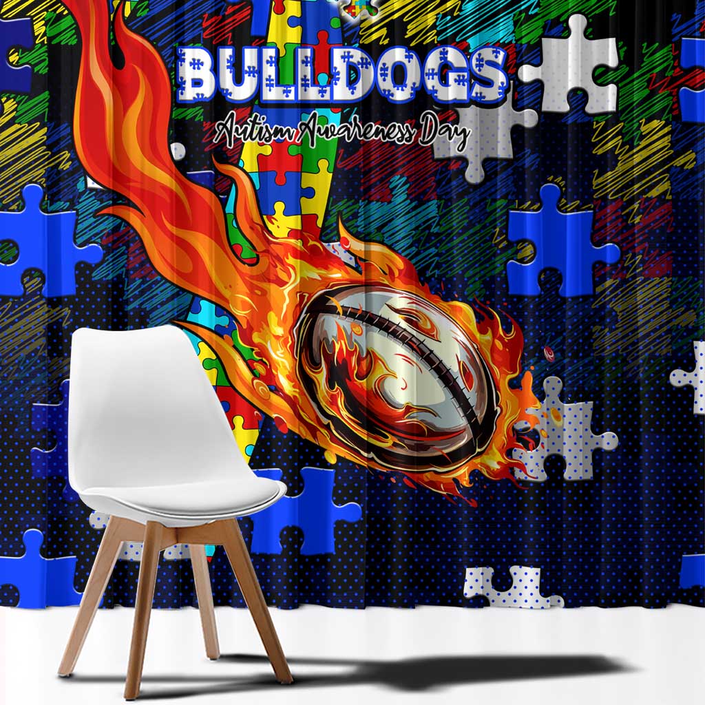 Bulldogs Autism Awareness Window Curtain Puzzle Flames Rugby Ball