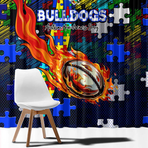 Bulldogs Autism Awareness Window Curtain Puzzle Flames Rugby Ball