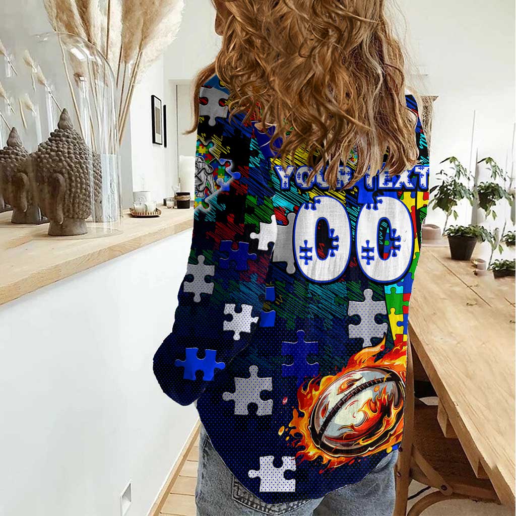 Bulldogs Autism Awareness Women Casual Shirt Puzzle Flames Rugby Ball