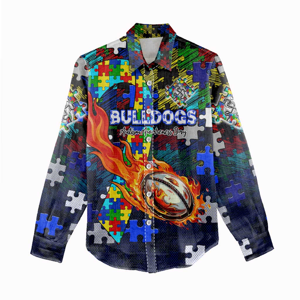 Bulldogs Autism Awareness Women Casual Shirt Puzzle Flames Rugby Ball