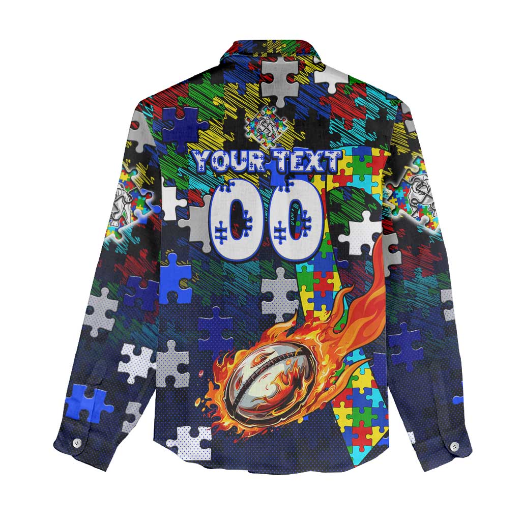 Bulldogs Autism Awareness Women Casual Shirt Puzzle Flames Rugby Ball