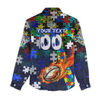 Bulldogs Autism Awareness Women Casual Shirt Puzzle Flames Rugby Ball
