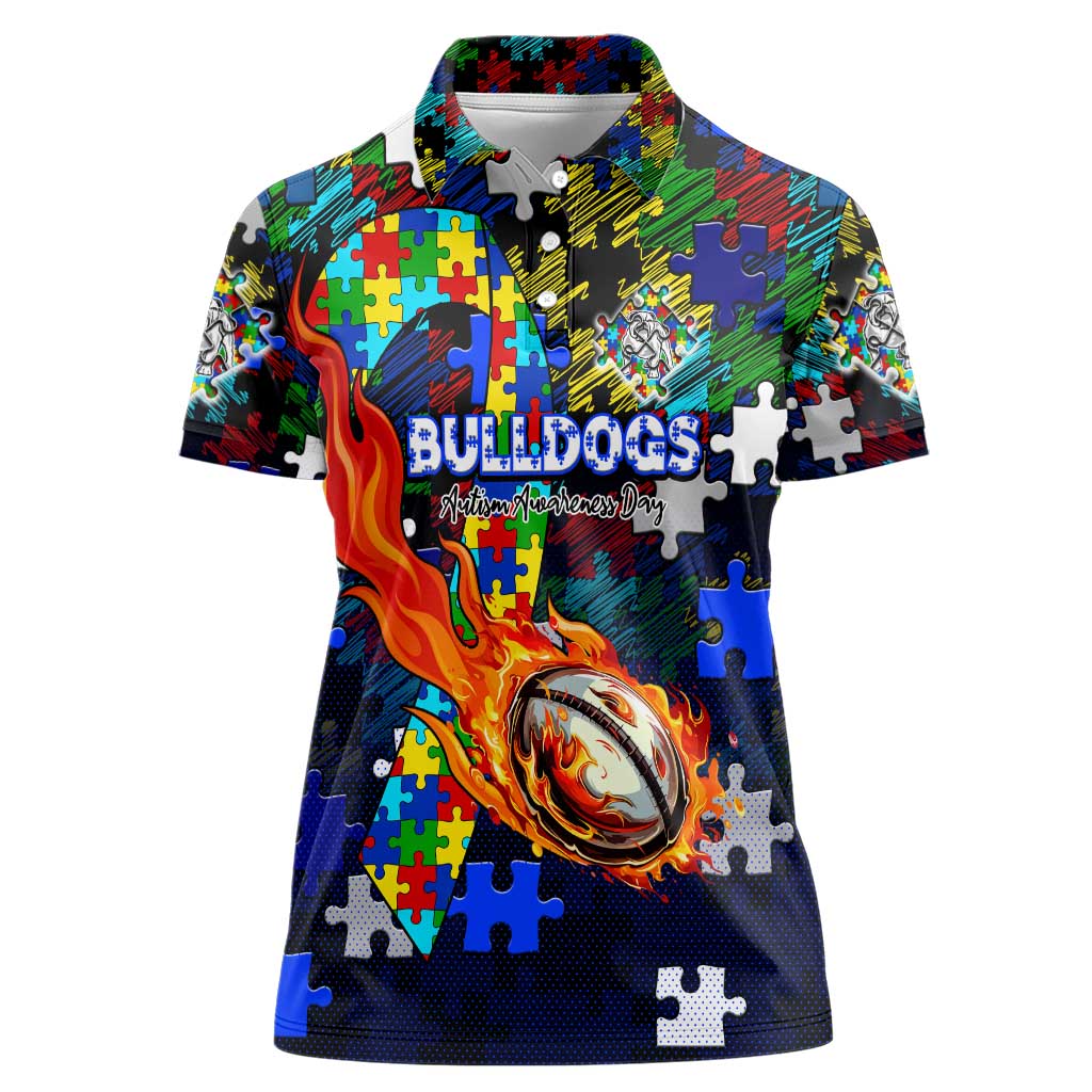Bulldogs Autism Awareness Women Polo Shirt Puzzle Flames Rugby Ball