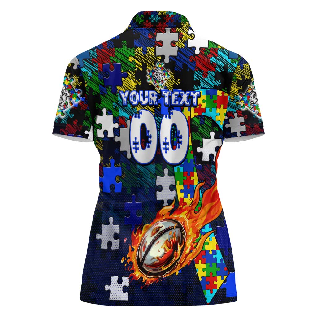 Bulldogs Autism Awareness Women Polo Shirt Puzzle Flames Rugby Ball