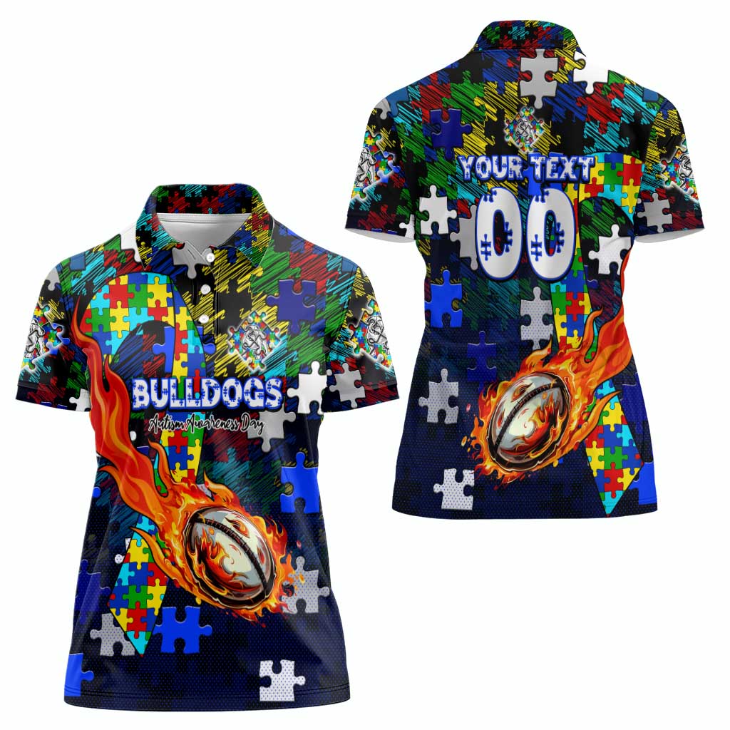 Bulldogs Autism Awareness Women Polo Shirt Puzzle Flames Rugby Ball