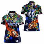 Bulldogs Autism Awareness Women Polo Shirt Puzzle Flames Rugby Ball