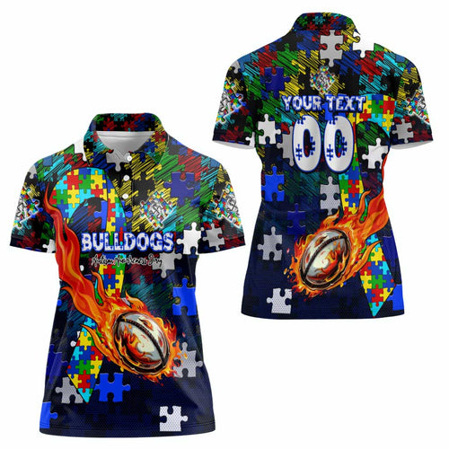 Bulldogs Autism Awareness Women Polo Shirt Puzzle Flames Rugby Ball