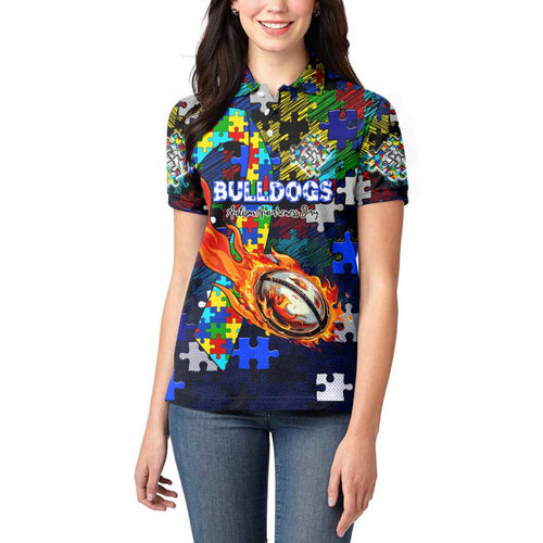 Bulldogs Autism Awareness Women Polo Shirt Puzzle Flames Rugby Ball