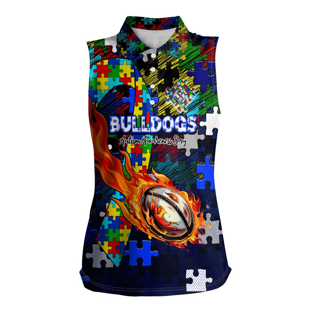 Bulldogs Autism Awareness Women Sleeveless Polo Shirt Puzzle Flames Rugby Ball