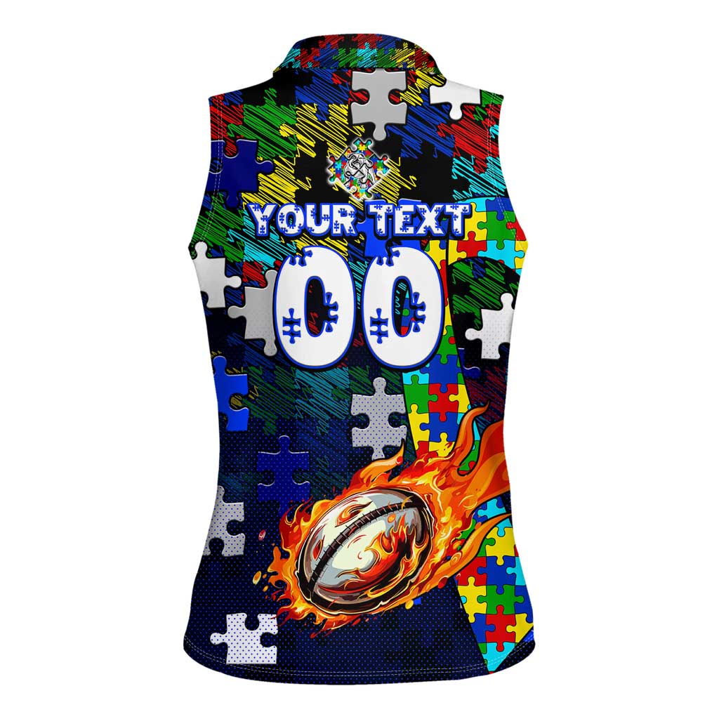 Bulldogs Autism Awareness Women Sleeveless Polo Shirt Puzzle Flames Rugby Ball