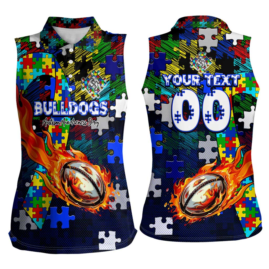 Bulldogs Autism Awareness Women Sleeveless Polo Shirt Puzzle Flames Rugby Ball