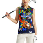 Bulldogs Autism Awareness Women Sleeveless Polo Shirt Puzzle Flames Rugby Ball