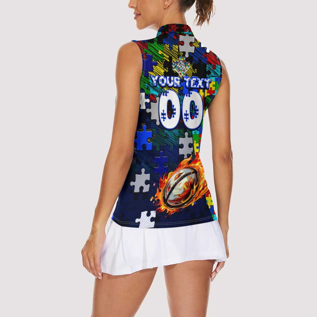 Bulldogs Autism Awareness Women Sleeveless Polo Shirt Puzzle Flames Rugby Ball