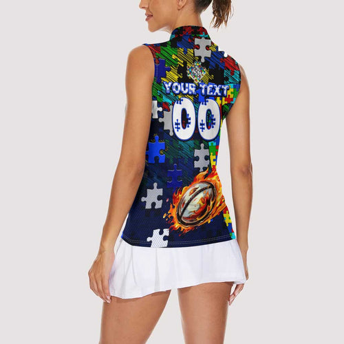 Bulldogs Autism Awareness Women Sleeveless Polo Shirt Puzzle Flames Rugby Ball